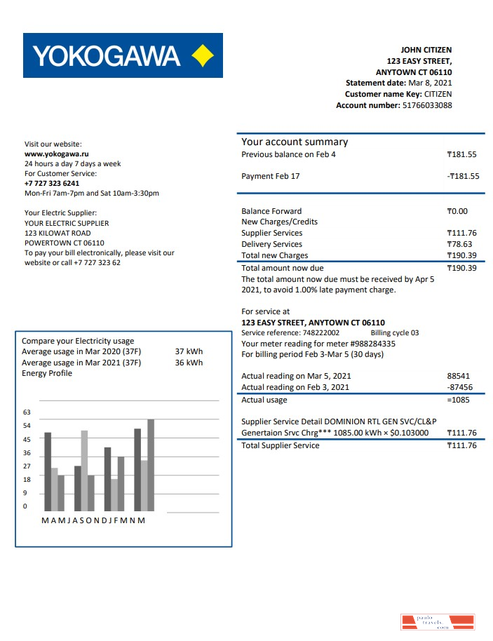 Kazakhstan Yokogawa Electric Kazakhstan utility bill template in Word and PDF format (.doc and .pdf)